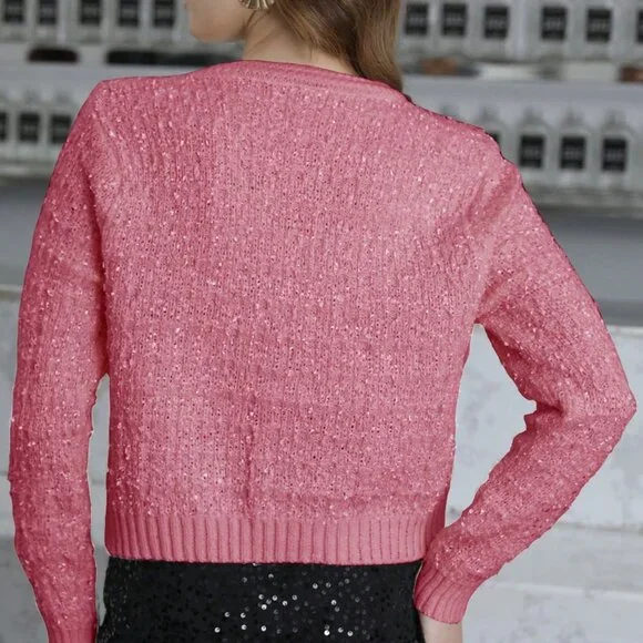 Pink Casual Women's Double Pocket Crew Neck Cardigan Tops - Picture 2 of 5